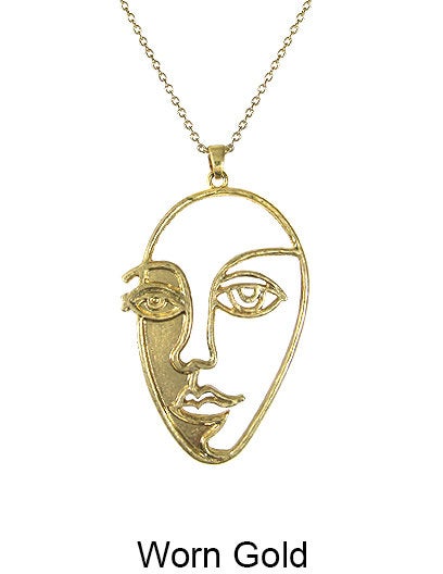 Picasso Face with Shadow Wired Design Necklace 17 inch plus 3 inch