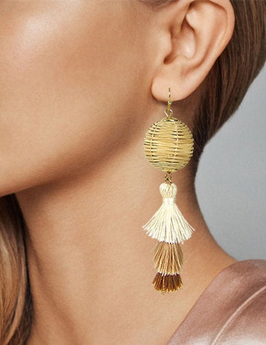 Rattan Earring, Bamboo Ball with Tassel Earring, Hand Woven Earring, Natural Woven earring, Straw earring Hook Earrings