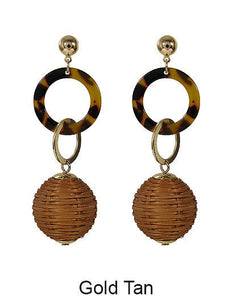 Rattan Earring, Bamboo Ball with Acetate Earring, Hand Woven Earring, Natural Woven earring, Straw earring Geometric Stud Earrings
