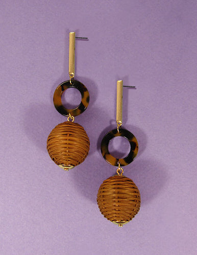 Rattan Earring, Bamboo Ball with Acetate Earring, Hand Woven Earring, Natural Woven earring, Straw earring Geometric Stud Earrings