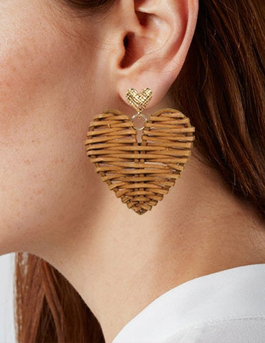 Rattan Earring Hand Woven Earring, Natural Woven earring, Straw earring, Geometric earrings, Heart earring, Post Earrings