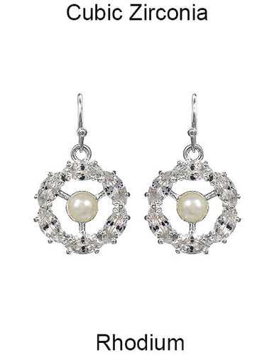 Cubic Zirconia Round with Natural Pearl Drop Dangle & Drop Fish Hook earring