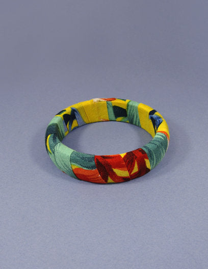 Tropical Fabric Wrap Wood Bangle Bracelets