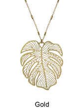 Load image into Gallery viewer, Monstera Necklace Tropical plant Leaf Necklace Nature inspired floral leaves Filigree Necklace, 30 inch plus 3 inch