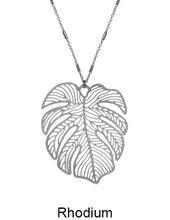 Load image into Gallery viewer, Monstera Necklace Tropical plant Leaf Necklace Nature inspired floral leaves Filigree Necklace, 30 inch plus 3 inch