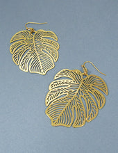 Load image into Gallery viewer, Monstera earrings Tropical plant Leaf earring Nature inspired floral leaves Filigree Hook earrings