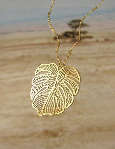 Monstera Necklace Tropical plant Leaf Necklace Nature inspired floral leaves Filigree Necklace, 30 inch plus 3 inch