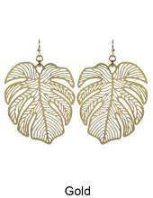 Load image into Gallery viewer, Monstera earrings Tropical plant Leaf earring Nature inspired floral leaves Filigree Hook earrings