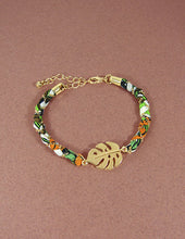 Load image into Gallery viewer, Tropical Fabric and Gold Chain Wrap Monstera Leaf Bracelets