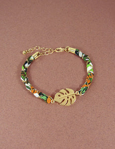 Tropical Fabric and Gold Chain Wrap Monstera Leaf Bracelets