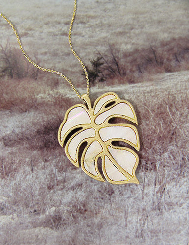 Tropical Monstera Mother of Pearl Abalone Long Chain Necklace 30 inch plus 3 inch