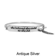 Load image into Gallery viewer, She Believed She Could So She Did Feather Stamped Cuff Bracelet