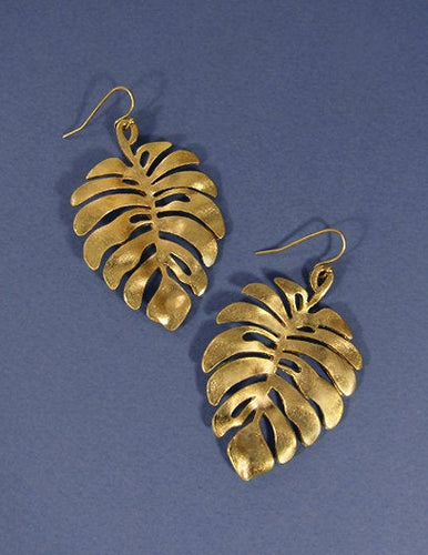 Hammered Monstera Dangle Drop Hook Earrings