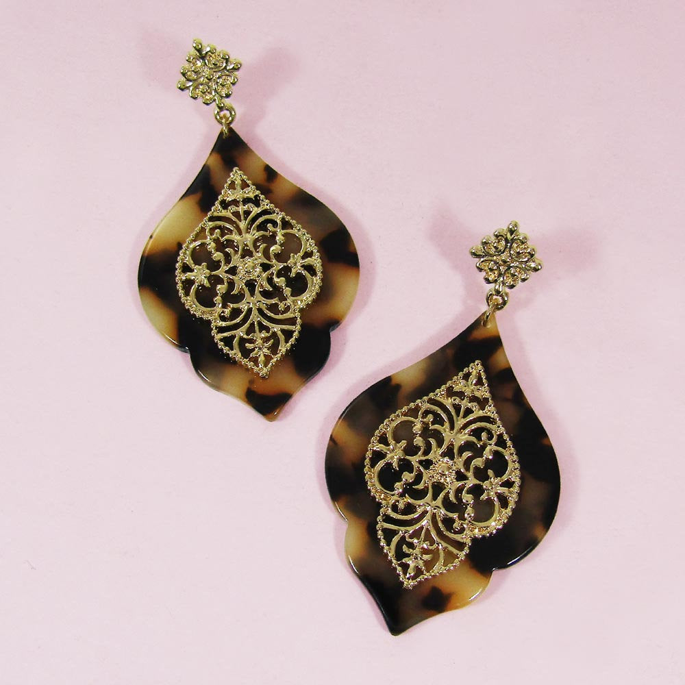 Acetate Resin Floral Filigree Dangle Post Earrings