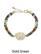 Load image into Gallery viewer, Tropical Fabric and Gold Chain Wrap Monstera Leaf Bracelets