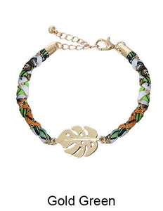 Tropical Fabric and Gold Chain Wrap Monstera Leaf Bracelets