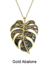 Load image into Gallery viewer, Tropical Monstera Mother of Pearl Abalone Long Chain Necklace 30 inch plus 3 inch