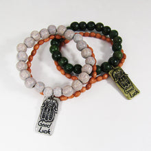 Load image into Gallery viewer, Good Luck Hamsa Charm Wood Beads Two Lines Stretchable Bracelet