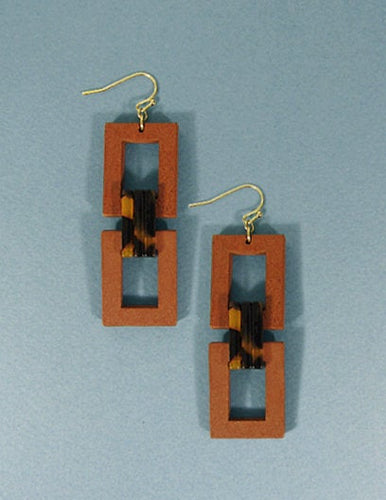 Rectangle Wood Acetate Linked Dangle Hook Earrings